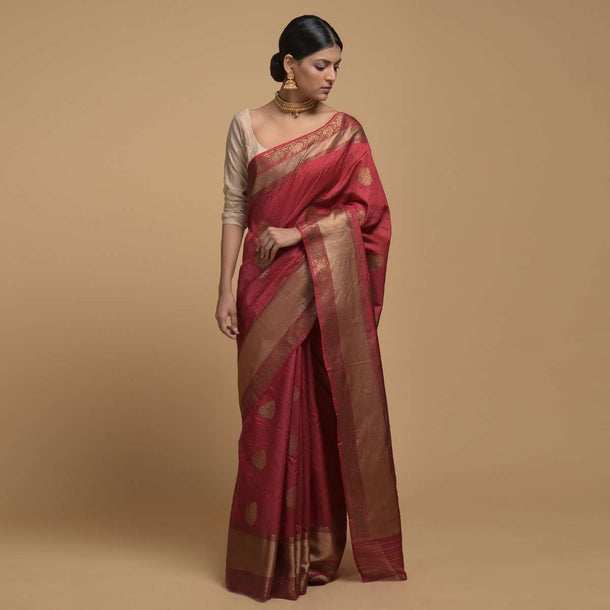 Apple Red Pure Handloom Saree In Tussar Silk With Woven Leaf Shaped Floral Buttis Online - Kalki Fashion