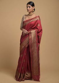 Apple Red Pure Handloom Saree In Tussar Silk With Woven Leaf Shaped Floral Buttis Online - Kalki Fashion