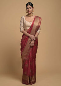 Apple Red Pure Handloom Saree In Tussar Silk With Woven Leaf Shaped Floral Buttis Online - Kalki Fashion