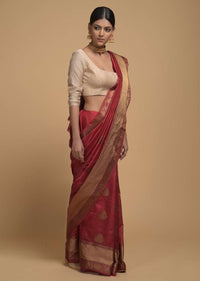 Apple Red Pure Handloom Saree In Tussar Silk With Woven Leaf Shaped Floral Buttis Online - Kalki Fashion