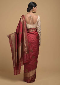 Apple Red Pure Handloom Saree In Tussar Silk With Woven Leaf Shaped Floral Buttis Online - Kalki Fashion