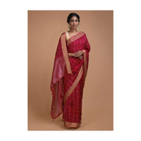 Apple Red Saree In Cotton Silk With Weaved Checks Online - Kalki Fashion