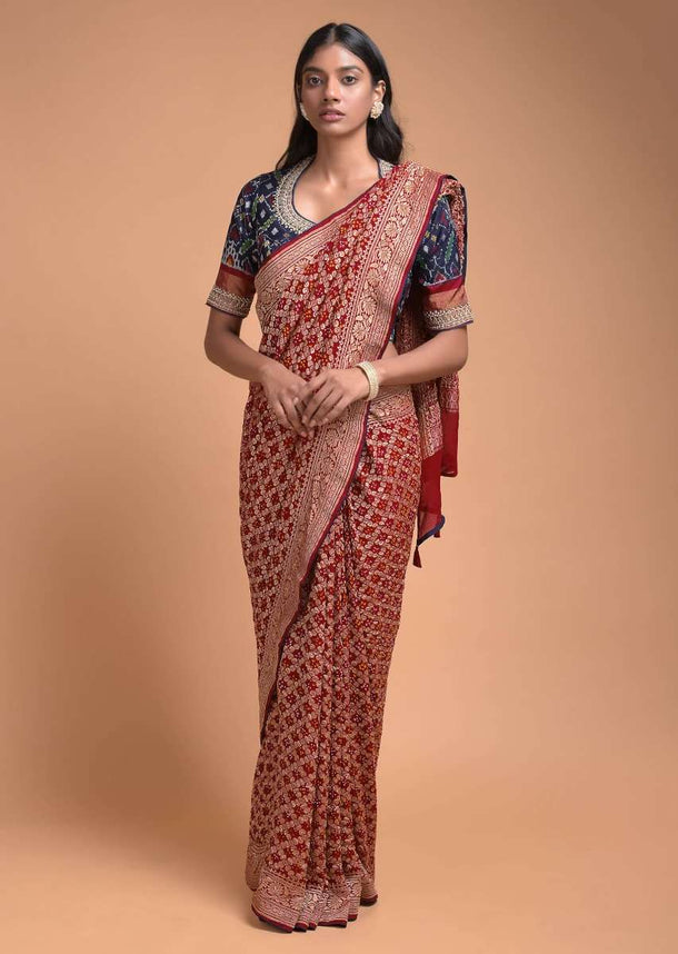 Apple Red Saree In Georgette With Bandhani Print And Weaved Checks Online - Kalki Fashion