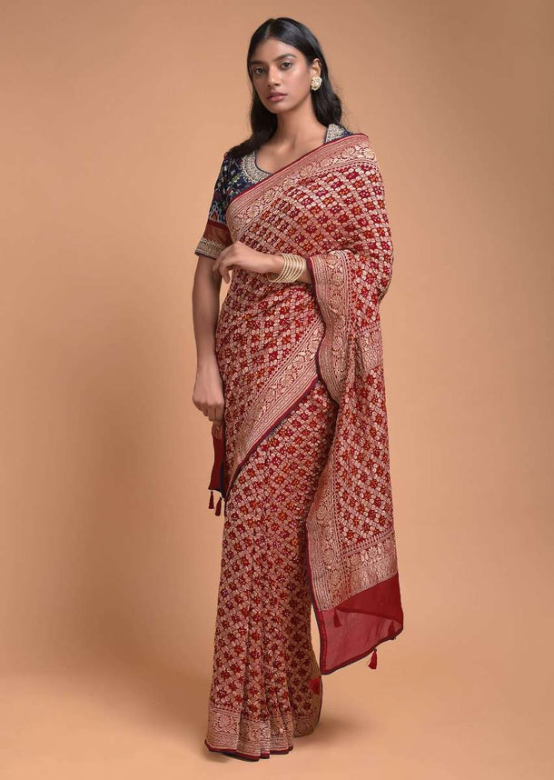 Apple Red Saree In Georgette With Bandhani Print And Weaved Checks Online - Kalki Fashion