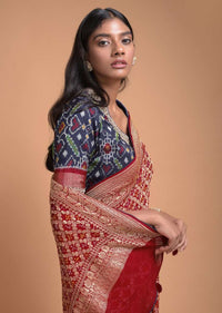 Apple Red Saree In Georgette With Bandhani Print And Weaved Checks Online - Kalki Fashion