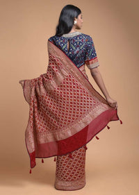 Apple Red Saree In Georgette With Bandhani Print And Weaved Checks Online - Kalki Fashion