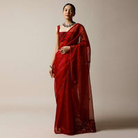 Apple Red Saree In Organza With Bud Embroidered Floral Buttis And Pallu Along With Unstitched Blouse