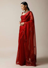 Apple Red Saree In Organza With Bud Embroidered Floral Buttis And Pallu Along With Unstitched Blouse