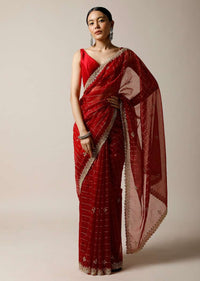 Apple Red Saree In Organza With Woven Checks And Cut Dana Embroidered Border Along With Unstitched Blouse