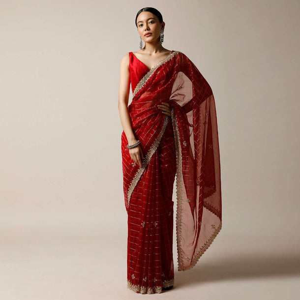 Apple Red Saree In Organza With Woven Checks And Cut Dana Embroidered Border Along With Unstitched Blouse