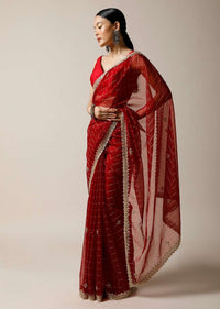 Apple Red Saree In Organza With Woven Checks And Cut Dana Embroidered Border Along With Unstitched Blouse