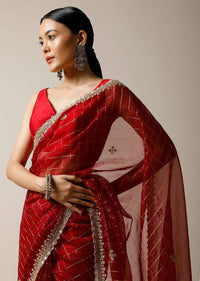 Apple Red Saree In Organza With Woven Checks And Cut Dana Embroidered Border Along With Unstitched Blouse