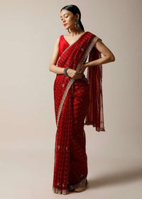 Apple Red Saree In Organza With Woven Checks And Cut Dana Embroidered Border Along With Unstitched Blouse