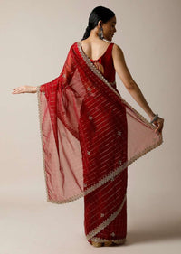 Apple Red Saree In Organza With Woven Checks And Cut Dana Embroidered Border Along With Unstitched Blouse