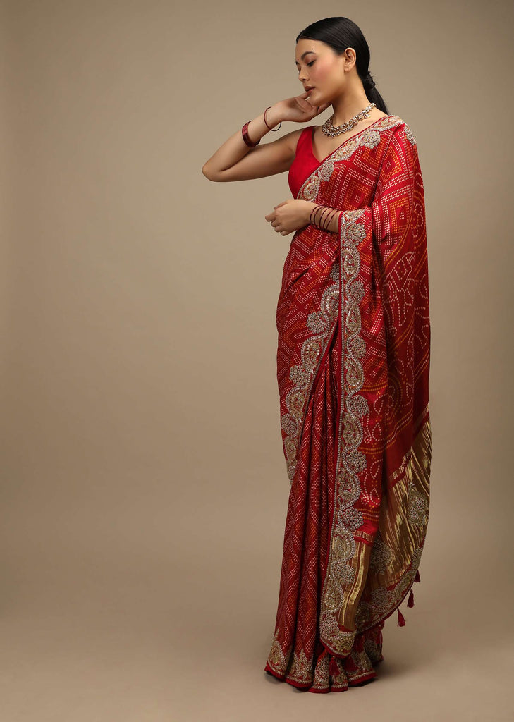 Apple Red Saree In Satin With Dot Print And Brocade Pallu Adorned In Gotta Patti Embroidered Ethnic Motifs Online - Kalki Fashion