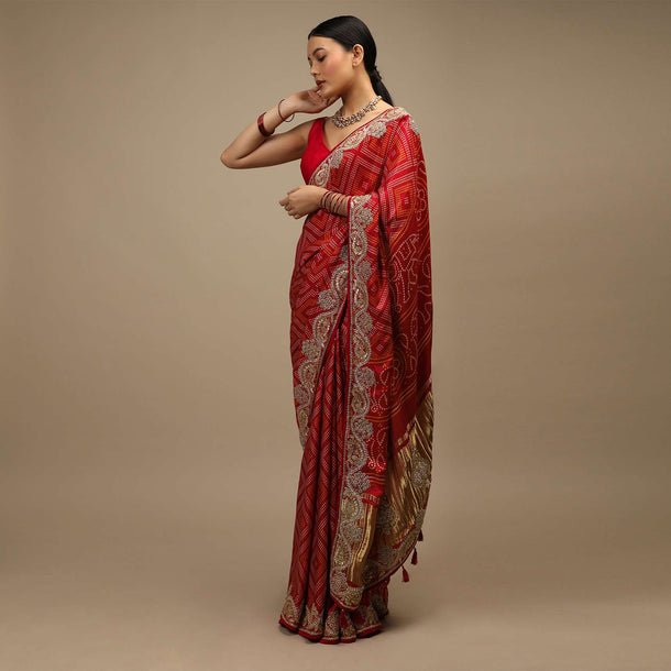 Apple Red Saree In Satin With Dot Print And Brocade Pallu Adorned In Gotta Patti Embroidered Ethnic Motifs Online - Kalki Fashion