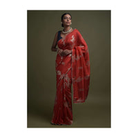 Apple Red Saree In Silk Blend With Weaved Floral Motifs In Repeat Pattern Online - Kalki Fashion