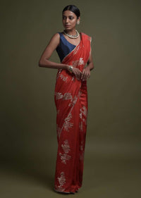 Apple Red Saree In Silk Blend With Weaved Floral Motifs In Repeat Pattern Online - Kalki Fashion