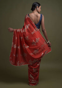 Apple Red Saree In Silk Blend With Weaved Floral Motifs In Repeat Pattern Online - Kalki Fashion