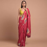 Apple Red Saree In Tussar Silk With Hand Embroidered Floral Motifs Using Colorful Thread Online - Kalki Fashion