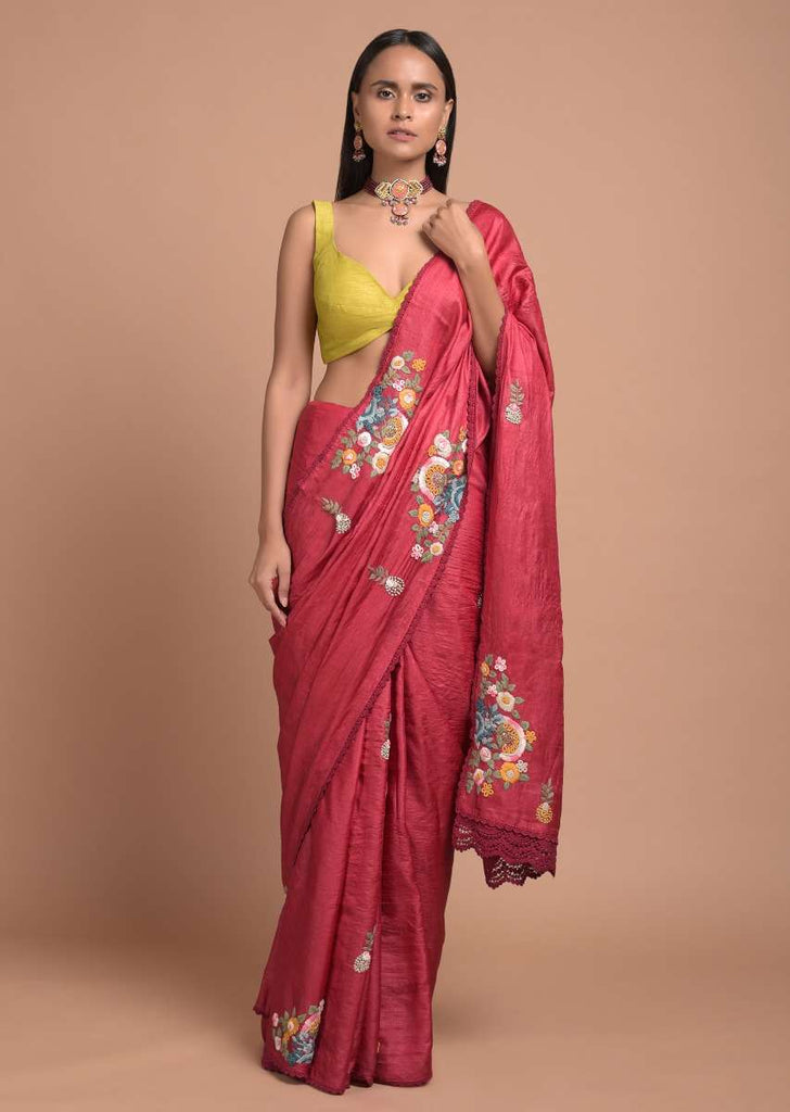 Apple Red Saree In Tussar Silk With Hand Embroidered Floral Motifs Using Colorful Thread Online - Kalki Fashion