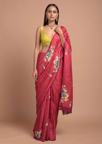 Apple Red Saree In Tussar Silk With Hand Embroidered Floral Motifs Using Colorful Thread Online - Kalki Fashion