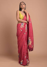 Apple Red Saree In Tussar Silk With Hand Embroidered Floral Motifs Using Colorful Thread Online - Kalki Fashion
