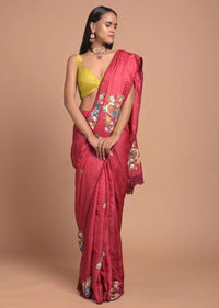 Apple Red Saree In Tussar Silk With Hand Embroidered Floral Motifs Using Colorful Thread Online - Kalki Fashion