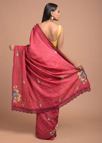 Apple Red Saree In Tussar Silk With Hand Embroidered Floral Motifs Using Colorful Thread Online - Kalki Fashion