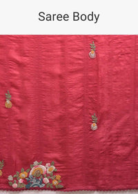 Apple Red Saree In Tussar Silk With Hand Embroidered Floral Motifs Using Colorful Thread Online - Kalki Fashion