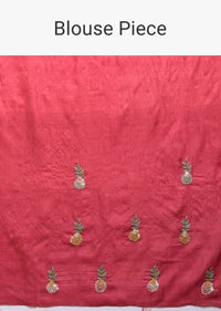 Apple Red Saree In Tussar Silk With Hand Embroidered Floral Motifs Using Colorful Thread Online - Kalki Fashion