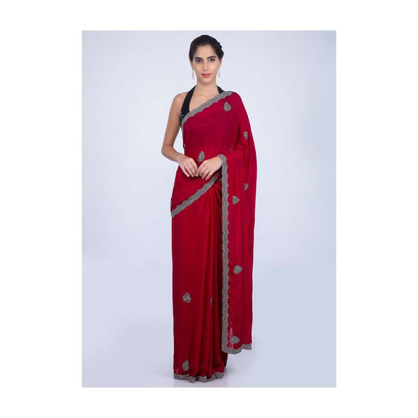 Apple red satin chiffon saree with butti and scallop embroidered border only on kalki