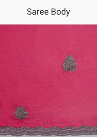 Apple red satin chiffon saree with butti and scallop embroidered border only on kalki