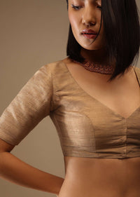 Apple Cinnamon Half Sleeveless Blouse In A Sweetheart Neckline Raw Silk With Front Hooks Closure