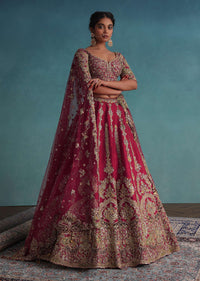 Apple Red Embroidered 16 Kali Bridal Lehenga In Raw Silk With Hand Embroidery