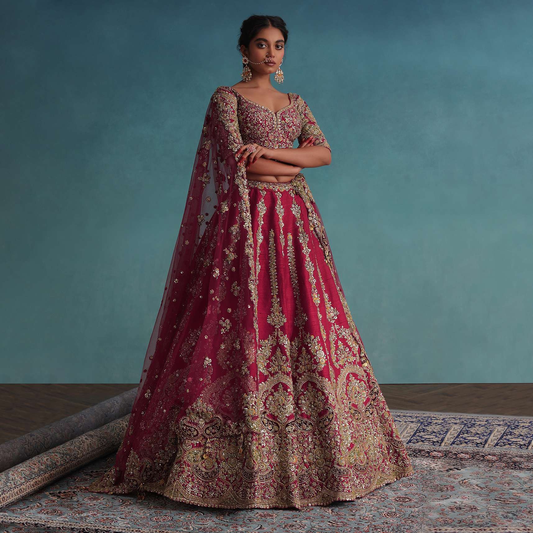 Apple Red Embroidered 16 Kali Bridal Lehenga In Raw Silk With Hand Embroidery