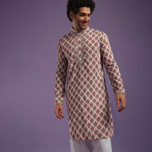 Apple Red Kurta Set In Art Silk With Cut Dana, Beads, And Motifs