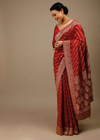 Apple Red Saree In Silk With Diagonal Stripes And Red Brocade Bandhani Pallu And Border Along With Unstitched Blouse