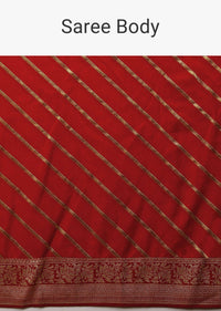 Apple Red Saree In Silk With Diagonal Stripes And Red Brocade Bandhani Pallu And Border Along With Unstitched Blouse