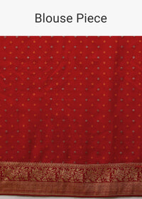 Apple Red Saree In Silk With Diagonal Stripes And Red Brocade Bandhani Pallu And Border Along With Unstitched Blouse