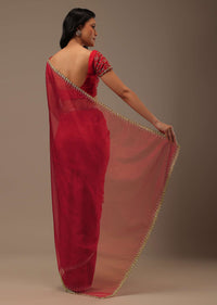 Apple Red Solid Organza Saree With Cut Dana Work