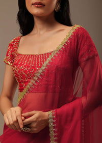 Apple Red Solid Organza Saree With Cut Dana Work