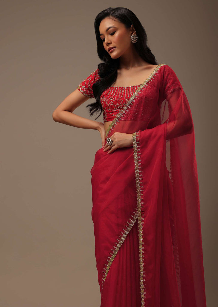 Apple Red Solid Organza Saree With Cut Dana Work