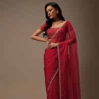 Apple Red Solid Organza Saree With Cut Dana Work