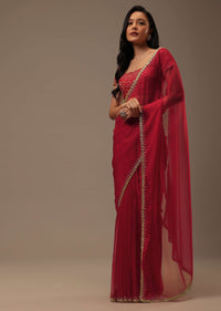 Apple Red Solid Organza Saree With Cut Dana Work