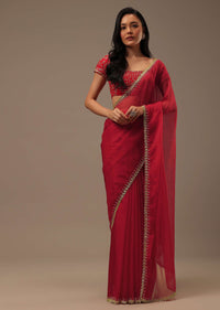 Apple Red Solid Organza Saree With Cut Dana Work