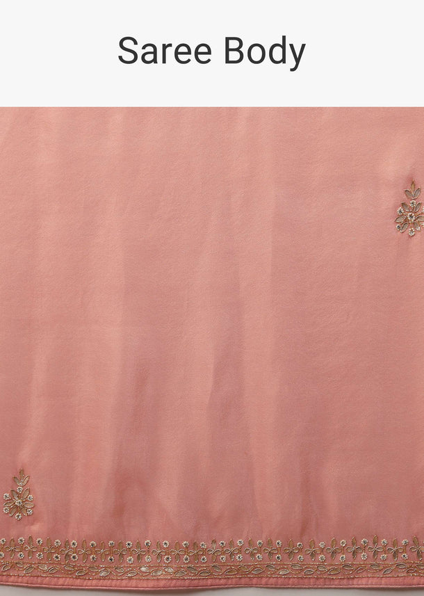 Apricot Blush Saree In Dupion Silk With Gotta Patti Embroidered Floral Buttis And Border Design