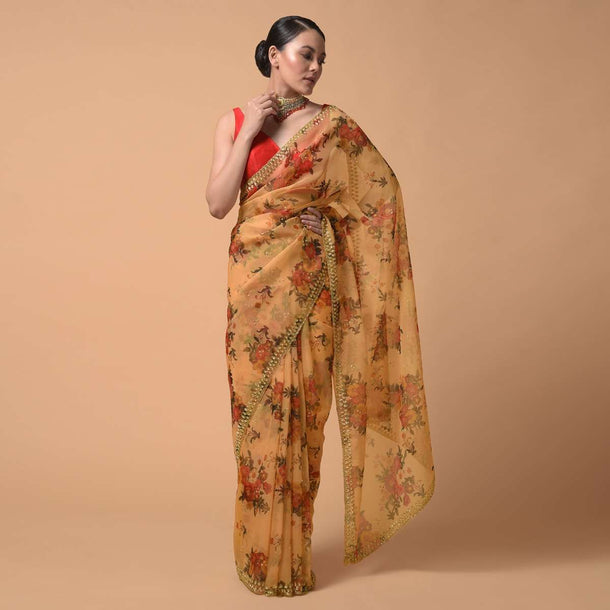 Apricot Yellow Saree In Organza With Floral Print And Moti Accents