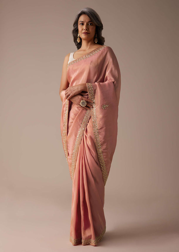 Apricot Blush Dupion Silk Saree With Gotta Patti Embroidered Floral Buttis