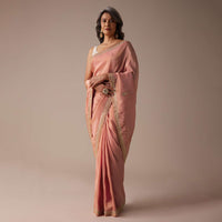 Apricot Blush Dupion Silk Saree With Gotta Patti Embroidered Floral Buttis